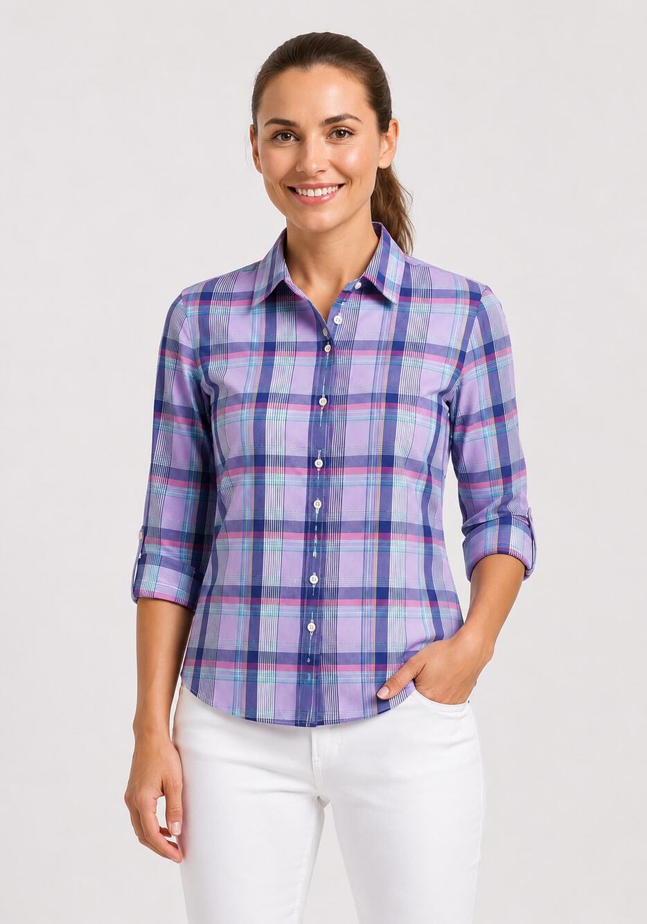 Peter Millar Plaid Roll Tab Button Up Shirt Womens Small Golf Purple Pink Blue
